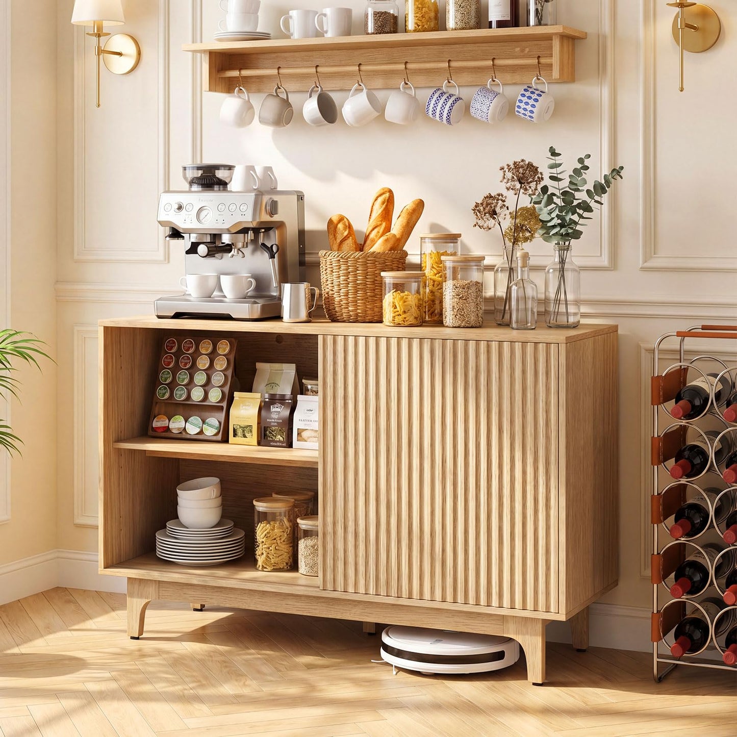 Kitchen Sideboard, Fluted Wooden Storage Cabinet with Adjustable Shelves