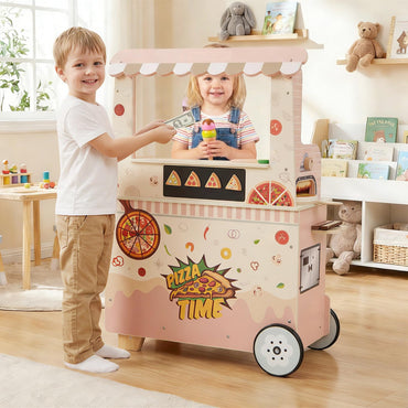 Kids Pizza Food Truck Wooden Pretend Play Snack Cart with Oven