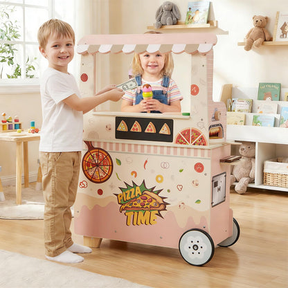Kids Pizza Food Truck Wooden Pretend Play Snack Cart with Oven