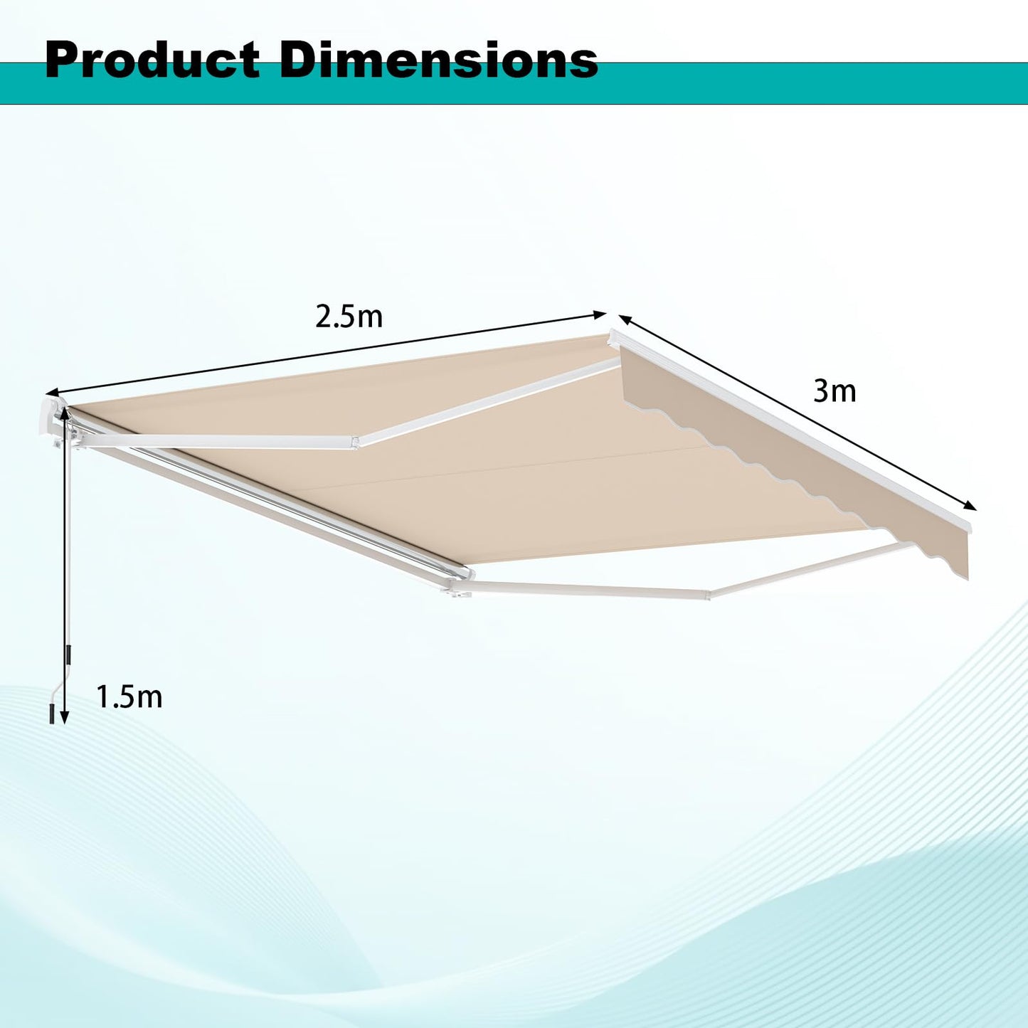 3 x 2.5m Retractable Manual Awning, Anti-UV and Waterproof Garden Patio Canopy