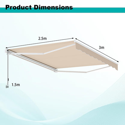 3 x 2.5m Retractable Manual Awning, Anti-UV and Waterproof Garden Patio Canopy