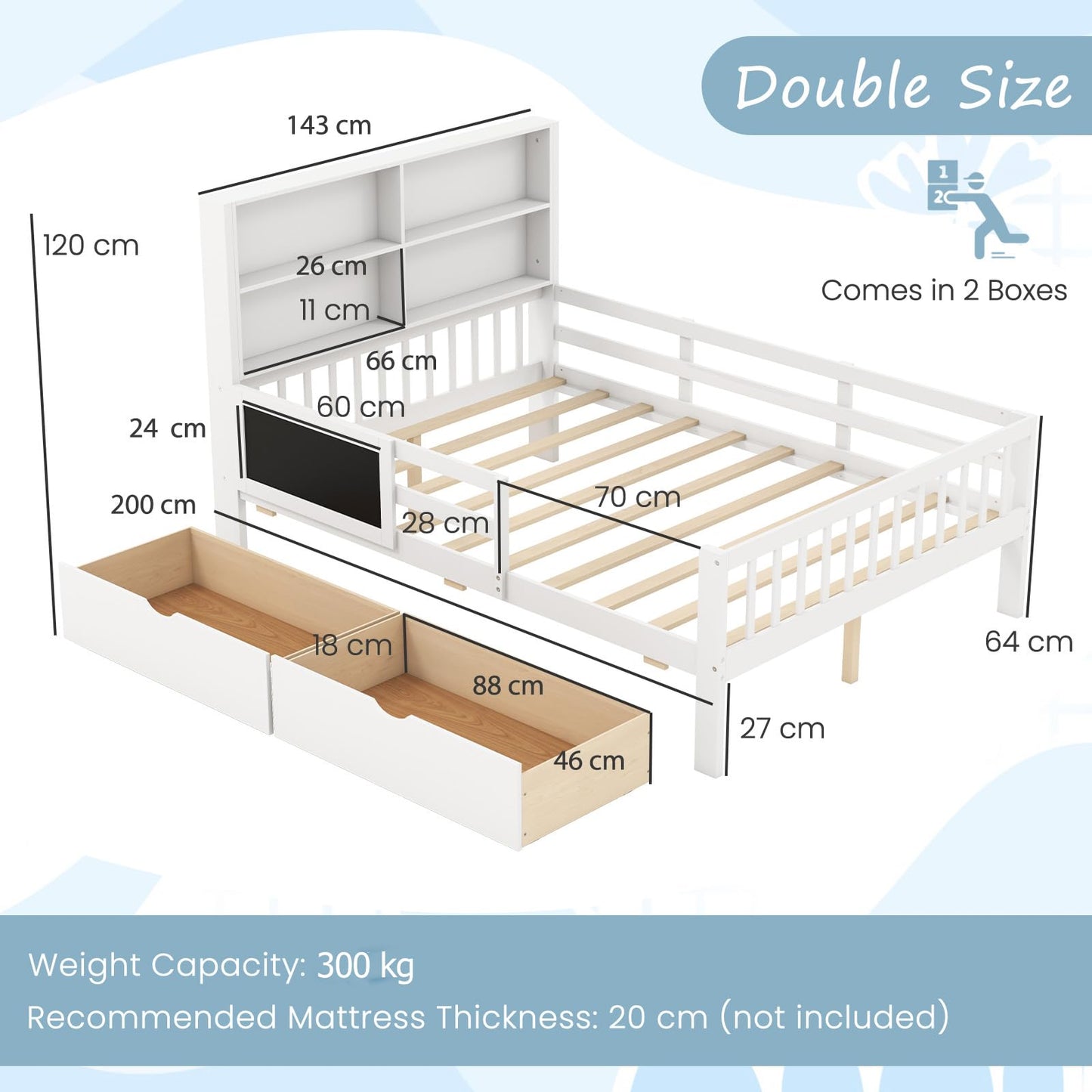 Single/Double Size Bed Frame with 2 Storage Drawers White