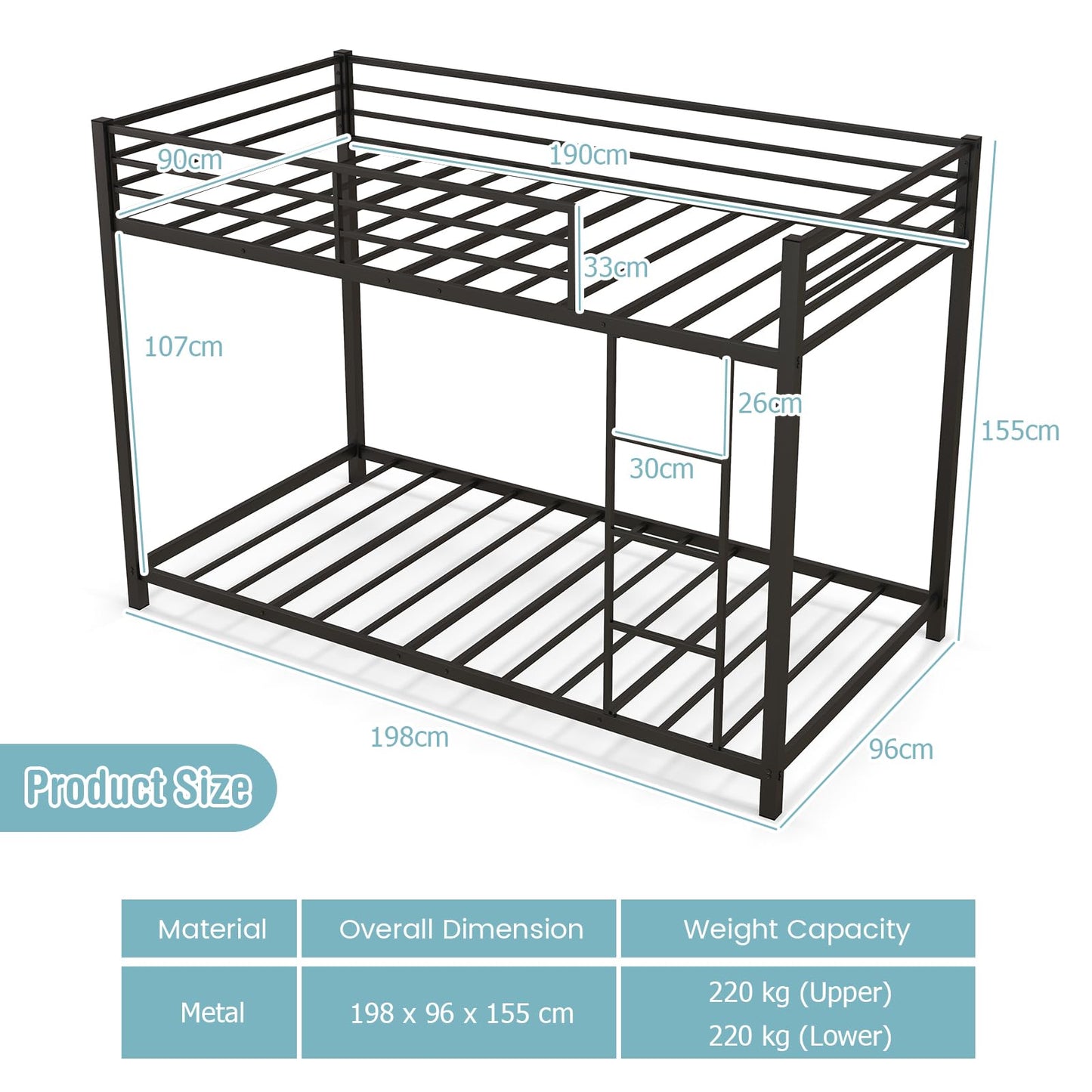 Metal Bunk Bed, Single over Single Loft Bed Frame with Ladder and Safety Guardrail