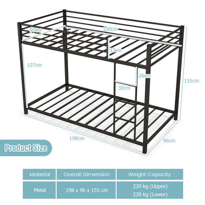 Metal Bunk Bed, Single over Single Loft Bed Frame with Ladder and Safety Guardrail