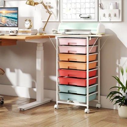 8 Drawers Storage Trolley with Wooden Top & Foldable Side Panels