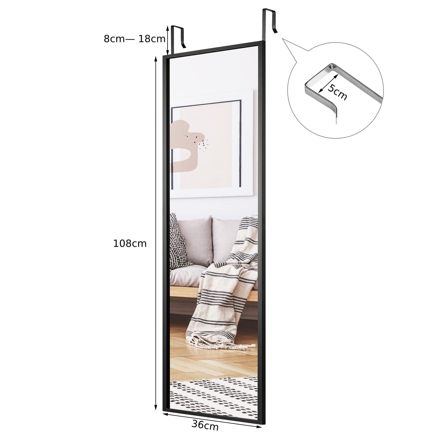 Full Length Wall-Mounted Mirror with Height Adjusting Hooks