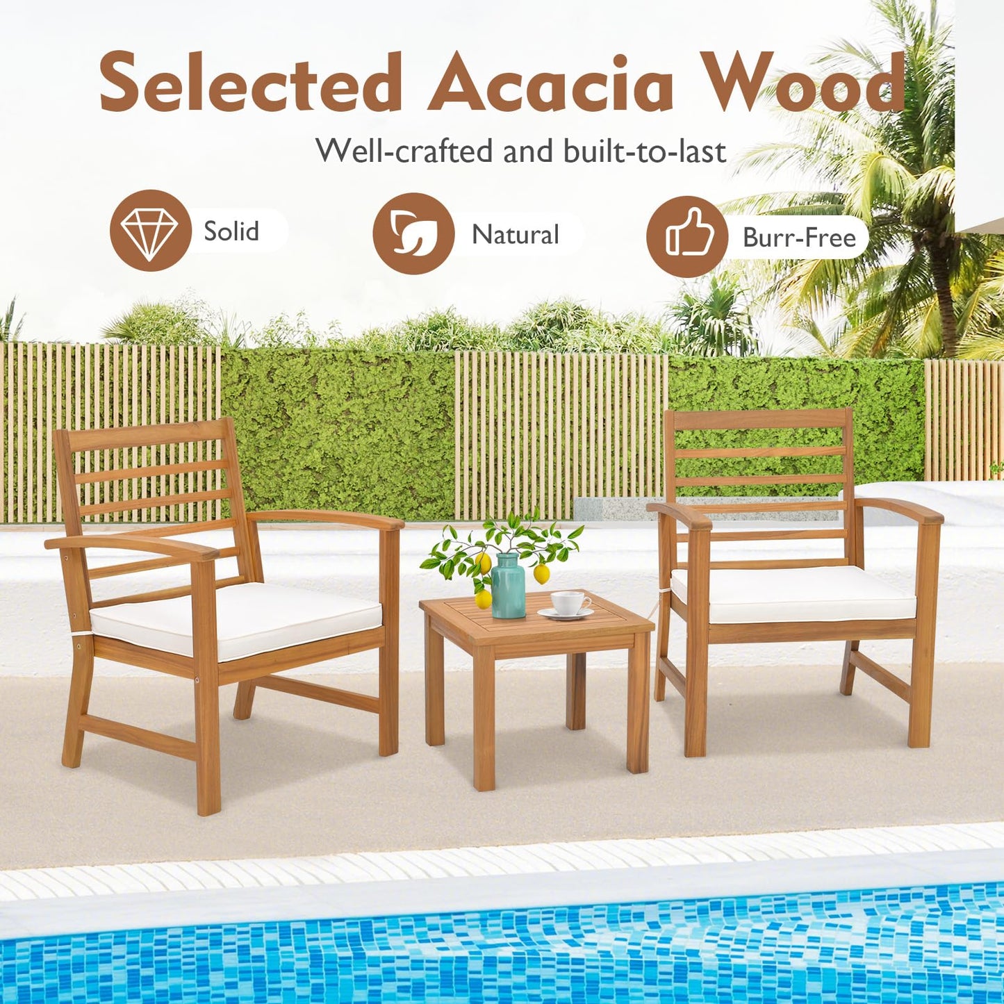 3-Piece Patio Bistro Set Acacia Wood Garden Furniture Set with Coffee Table 2 Armchairs