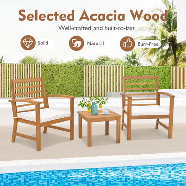 3-Piece Patio Bistro Set Acacia Wood Garden Furniture Set with Coffee Table 2 Armchairs
