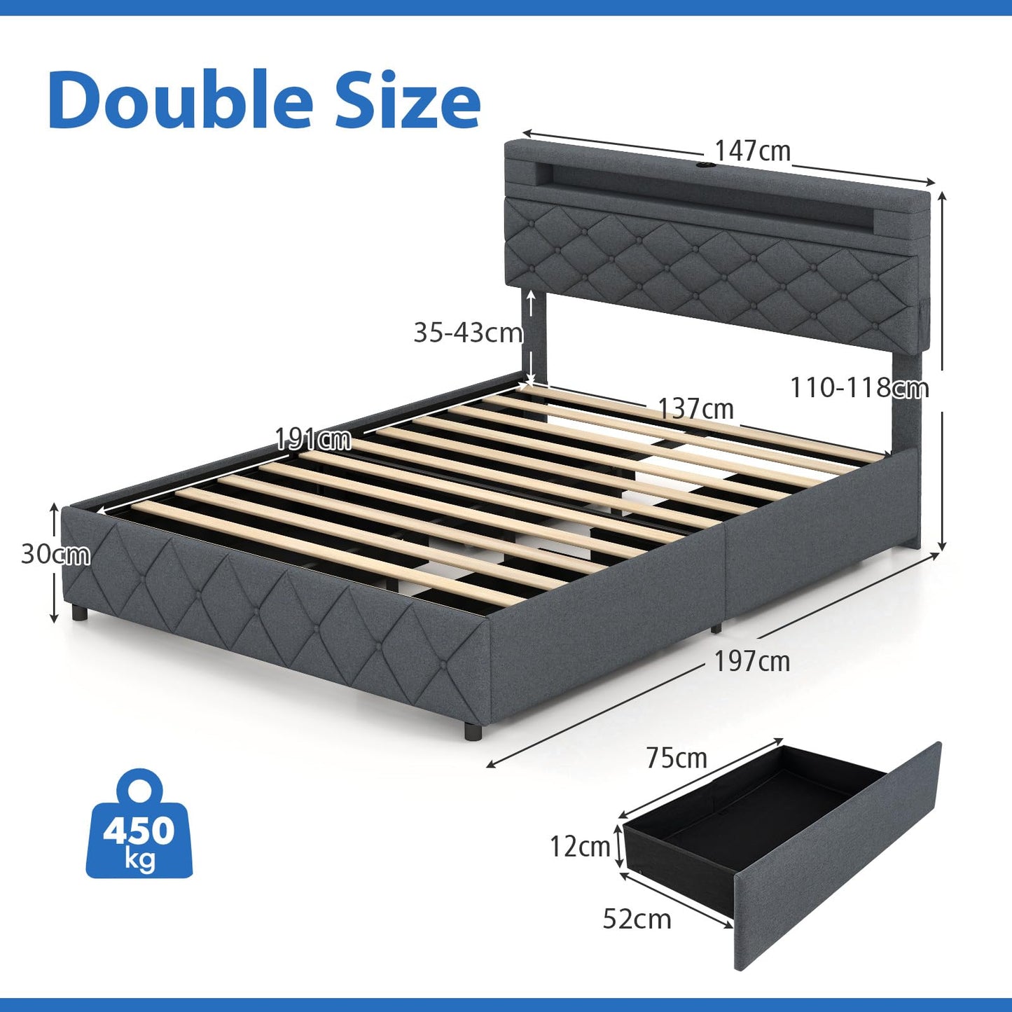 Modern Upholstered Bed Frame with Led Lights and Charging Station