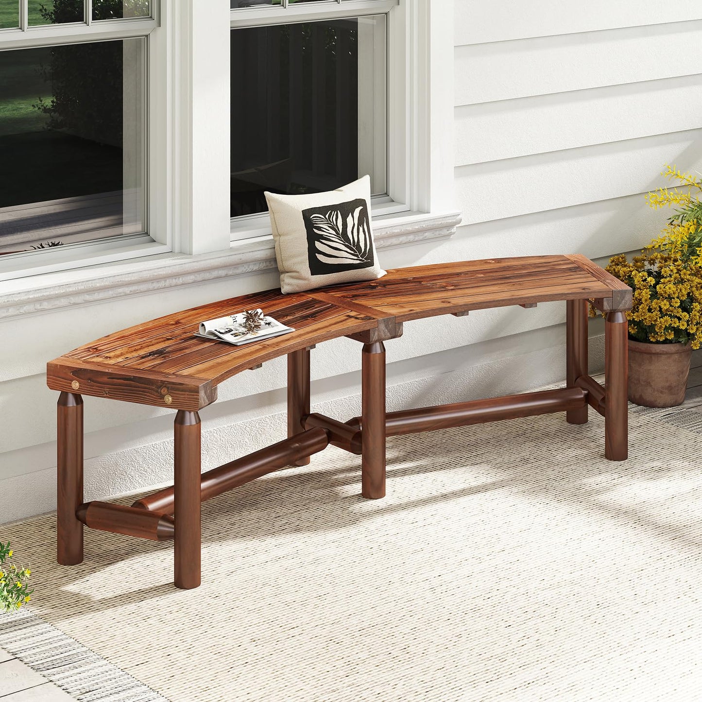 2-3 People Garden Bench, Wooden Curved Fire Pit Bench, Outdoor Loveseat Leisure Porch Seating