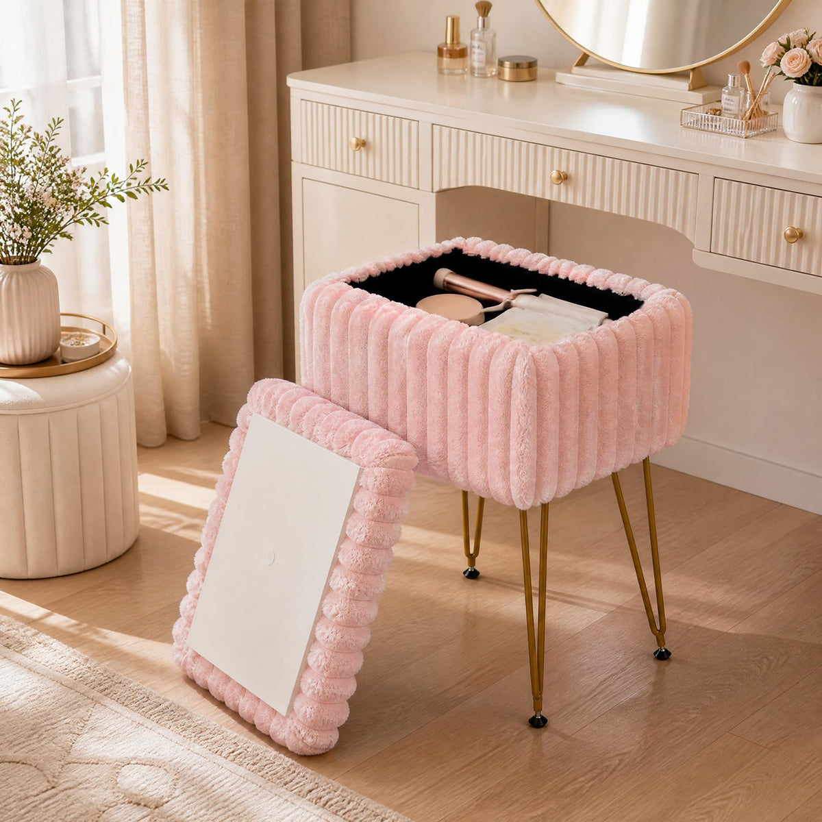 Faux Fur Ottoman with Metal Legs and 2-in-1 Design for Living Room Bedroom