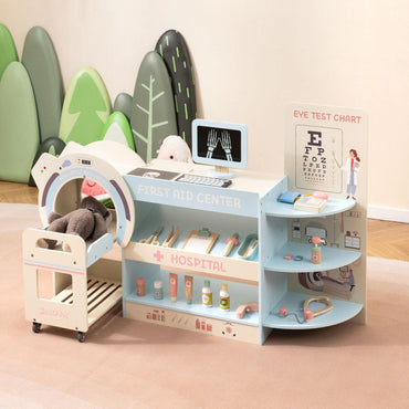 Wooden Pretend Hospital Office Kit with Eye Chart and Toy CT Machine