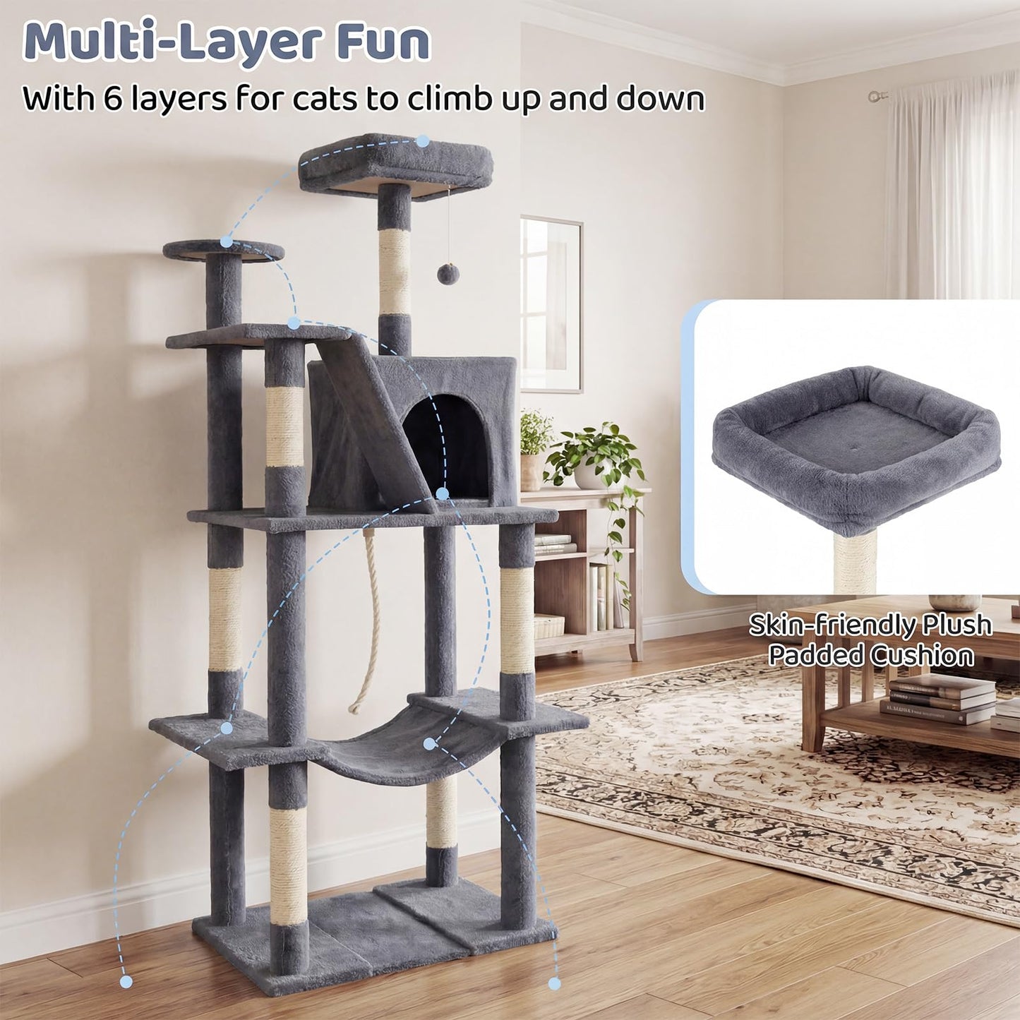 Cat Tree, 158cm Tall Multi-Layer Cats Tower with Plush Top Perch, Cave, Hammock, Sisal Scratching Posts