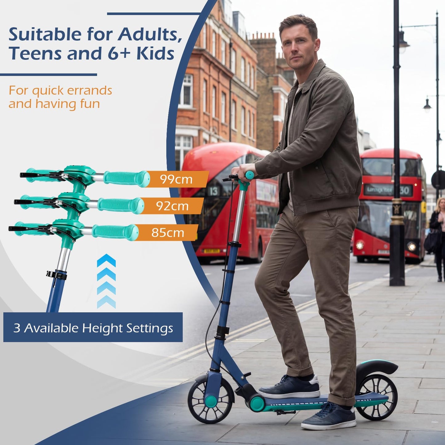 Folding Kick Scooter, 2 Flash Wheels Scooter with 3-Level Adjustable Handlebar and Rear Foot Brake