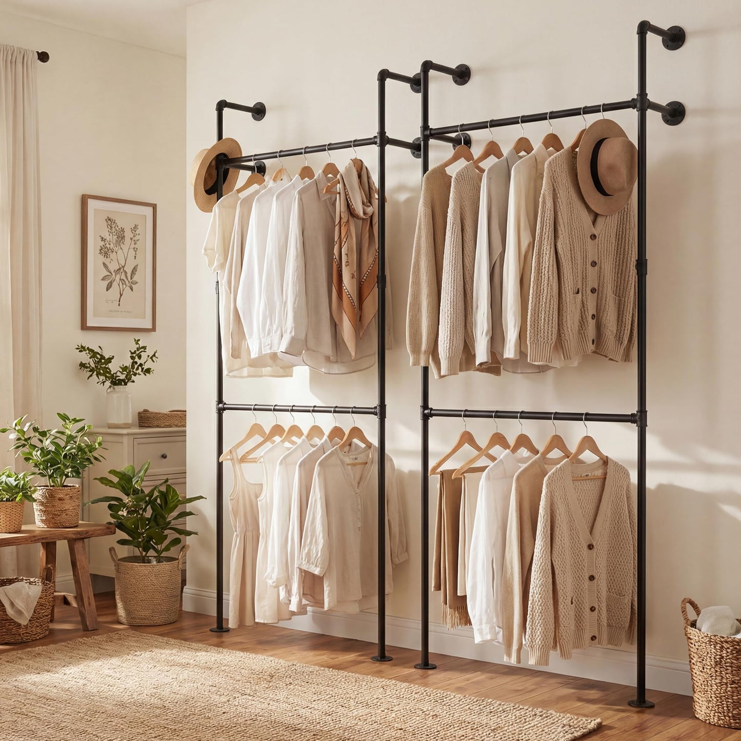 Telescopic Clothes Rail, 2-Tier Walk-in Closet System Open Wardrobe Organiser with 2/4 Hanging Rails