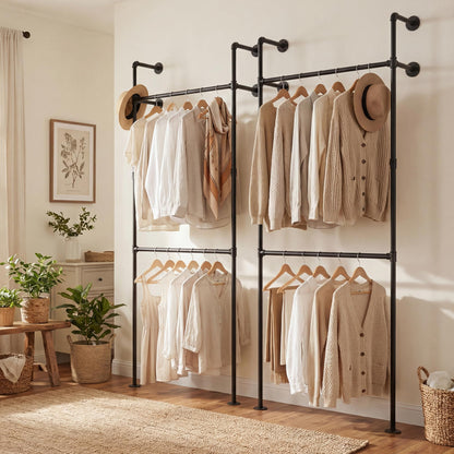Telescopic Clothes Rail, 2-Tier Walk-in Closet System Open Wardrobe Organiser with 2/4 Hanging Rails