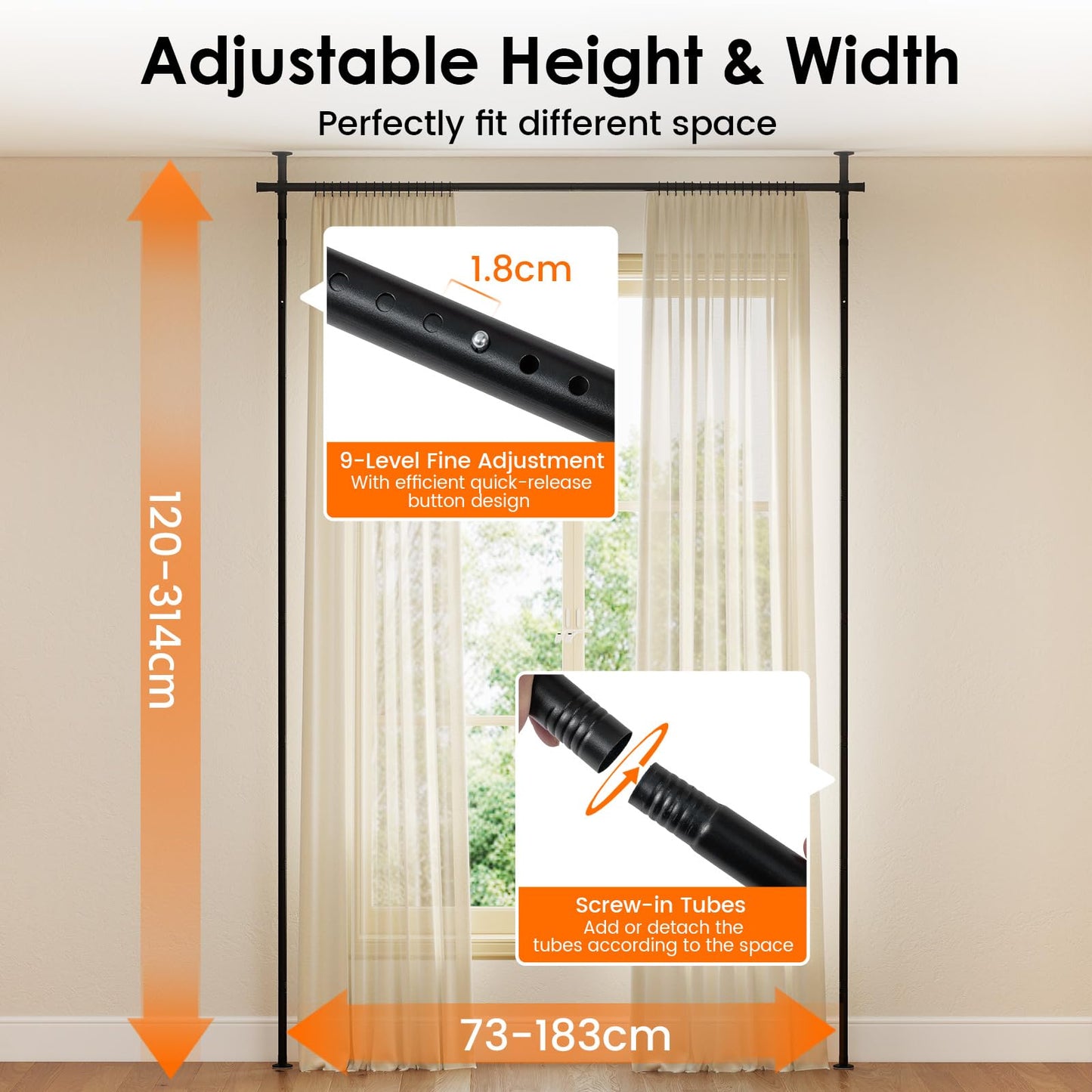 Room Divider Curtain Rod, No Drilling Adjustable Tension Rods Stand for Room Separation