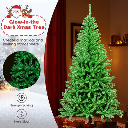 180 CM Glow-in-the-dark Artificial Christmas Tree Hinged Xmas Tree with 692 Branch Tips and Foldable Metal Stand
