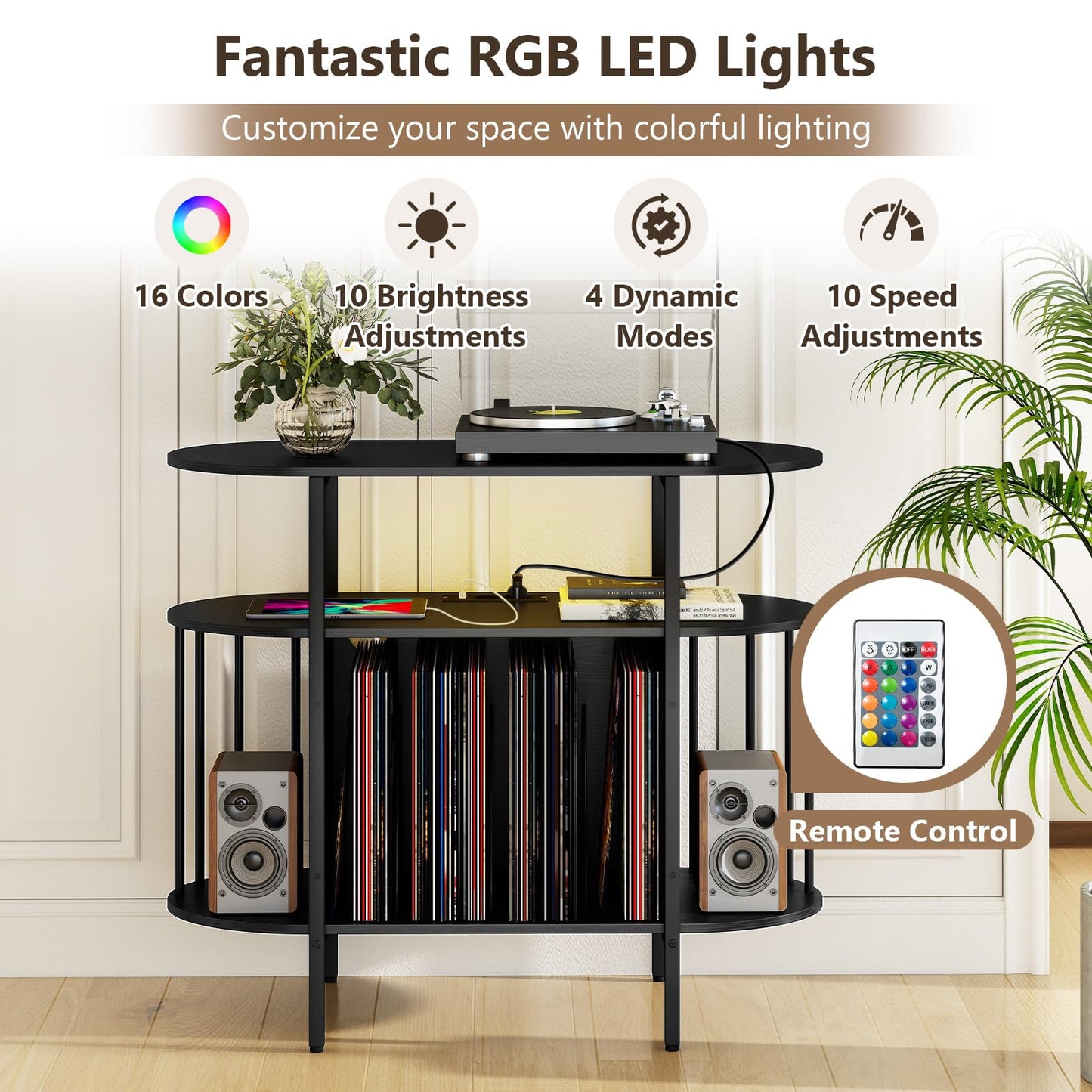 LED Record Player Stand with Charging Station