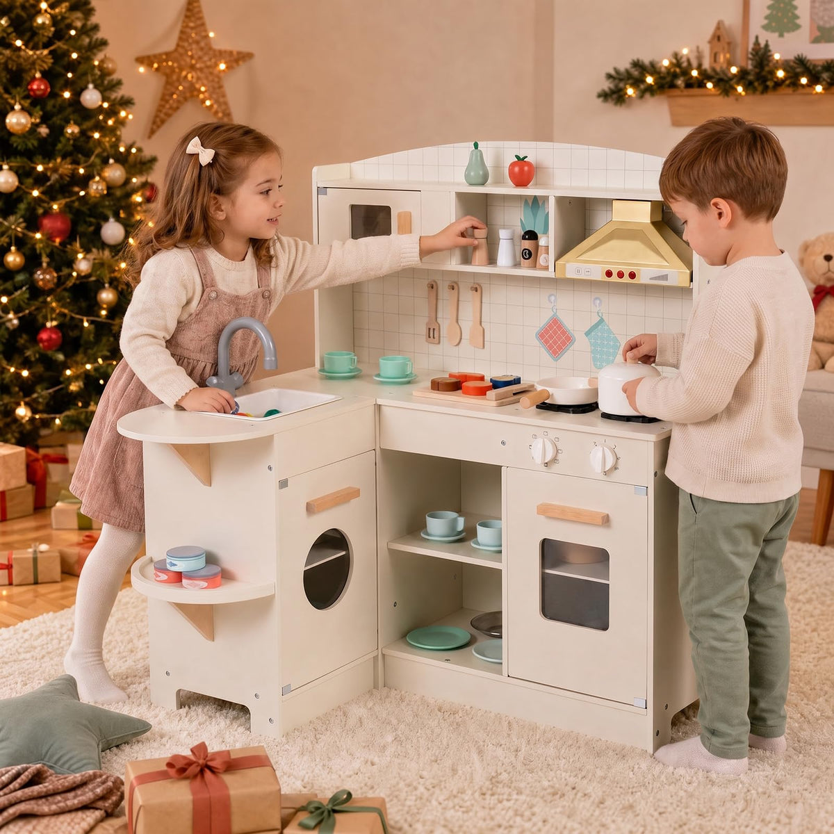 Wooden Play Kitchen with Lights and Sounds for Toddlers Ages 3+