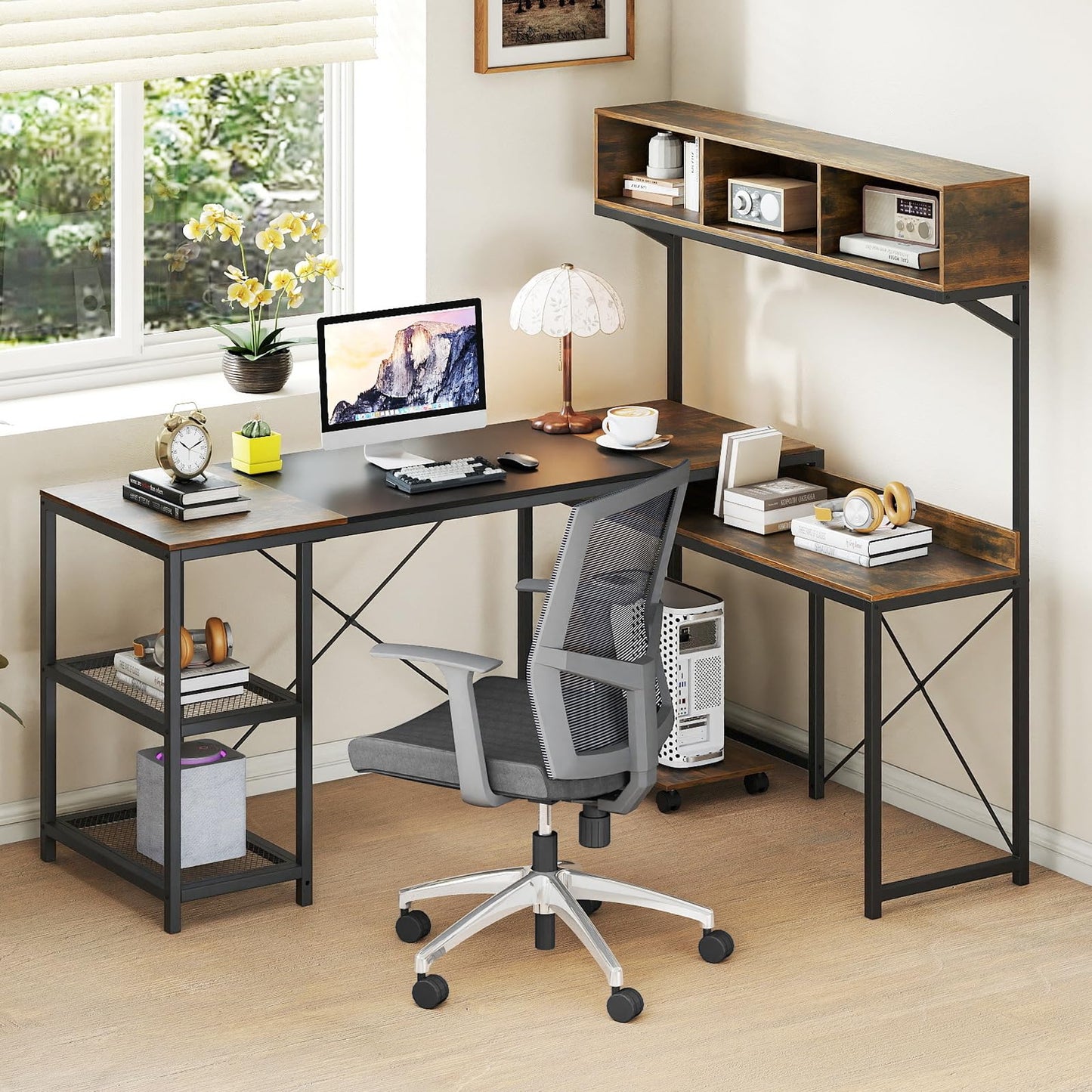 L-Shaped Computer Desk with Storage Hutch, 158 x 123 cm Reversible Study Writing Workstation
