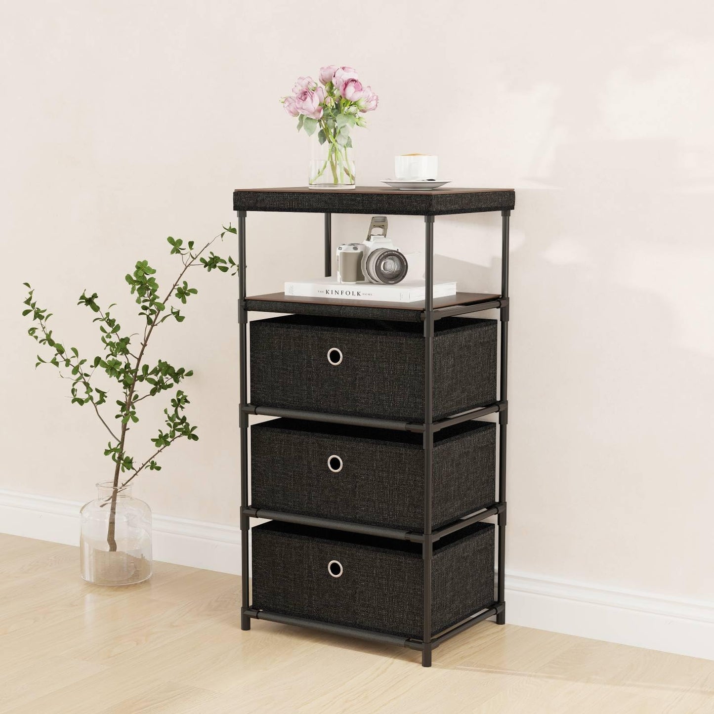 Dresser with 3 Drawers with Wood Top and Metal Frame