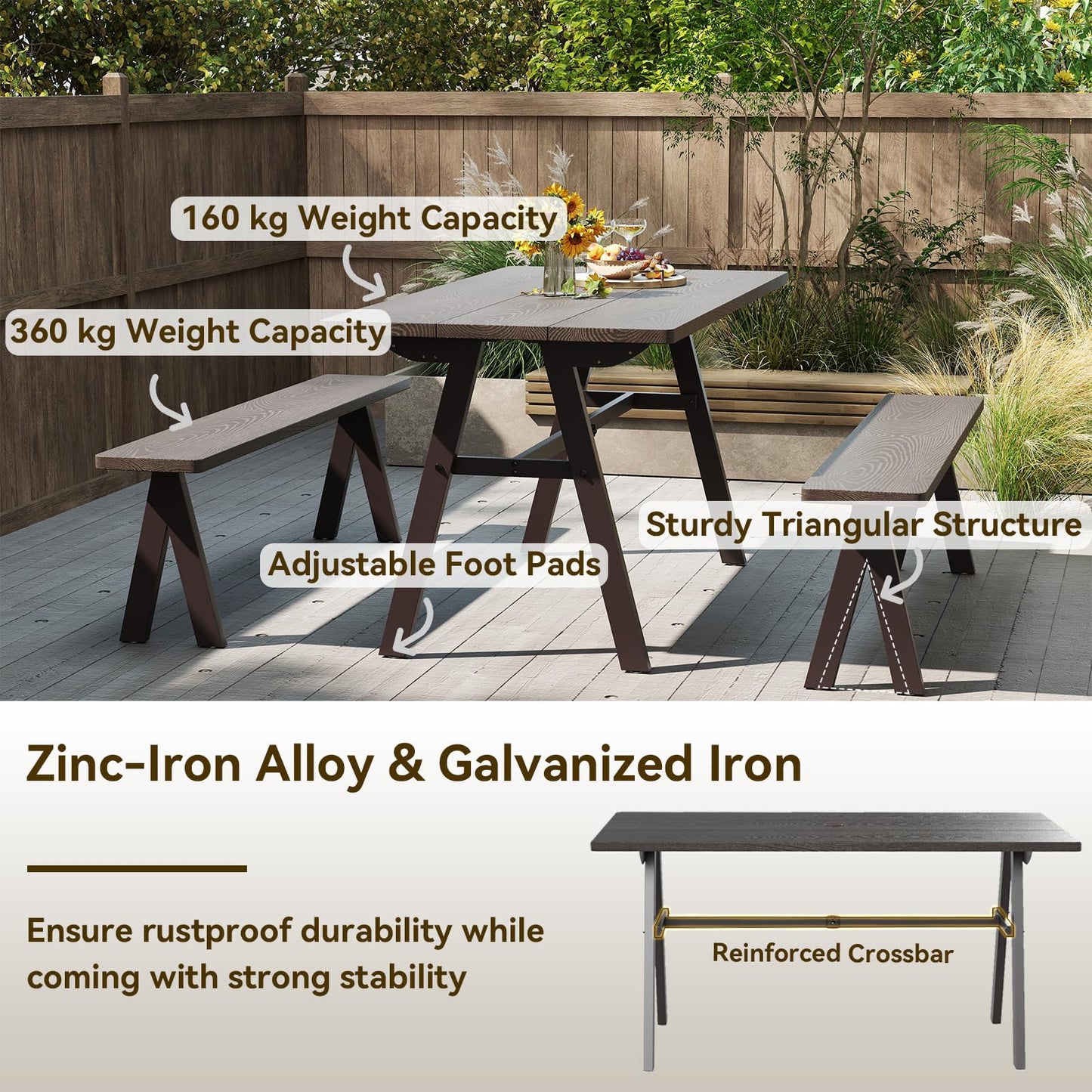 3 Pieces Outdoor Picnic Table and Benches Set for 6 People with 49MM Umbrella Hole