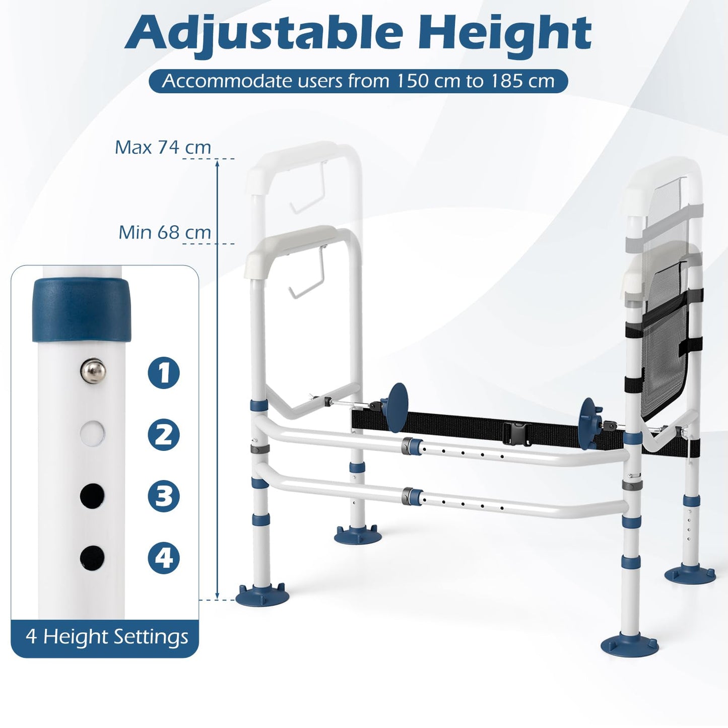 Adjustable Height and Width Toilet Safety Rails with Non-Slip Grip and Suction Legs