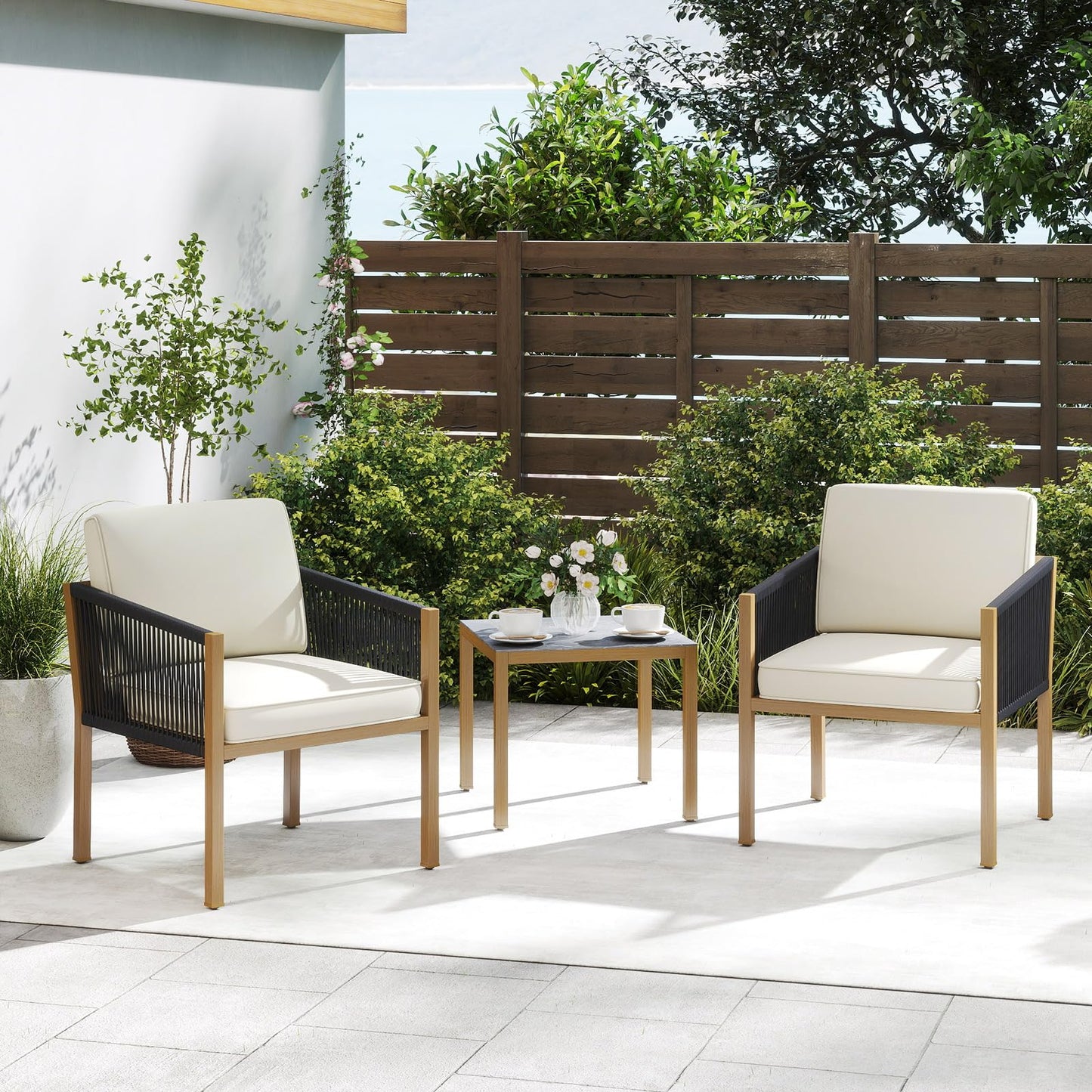 3PCS Patio Bistro Set, Woven Rope Outdoor Conversation Set with Cushions