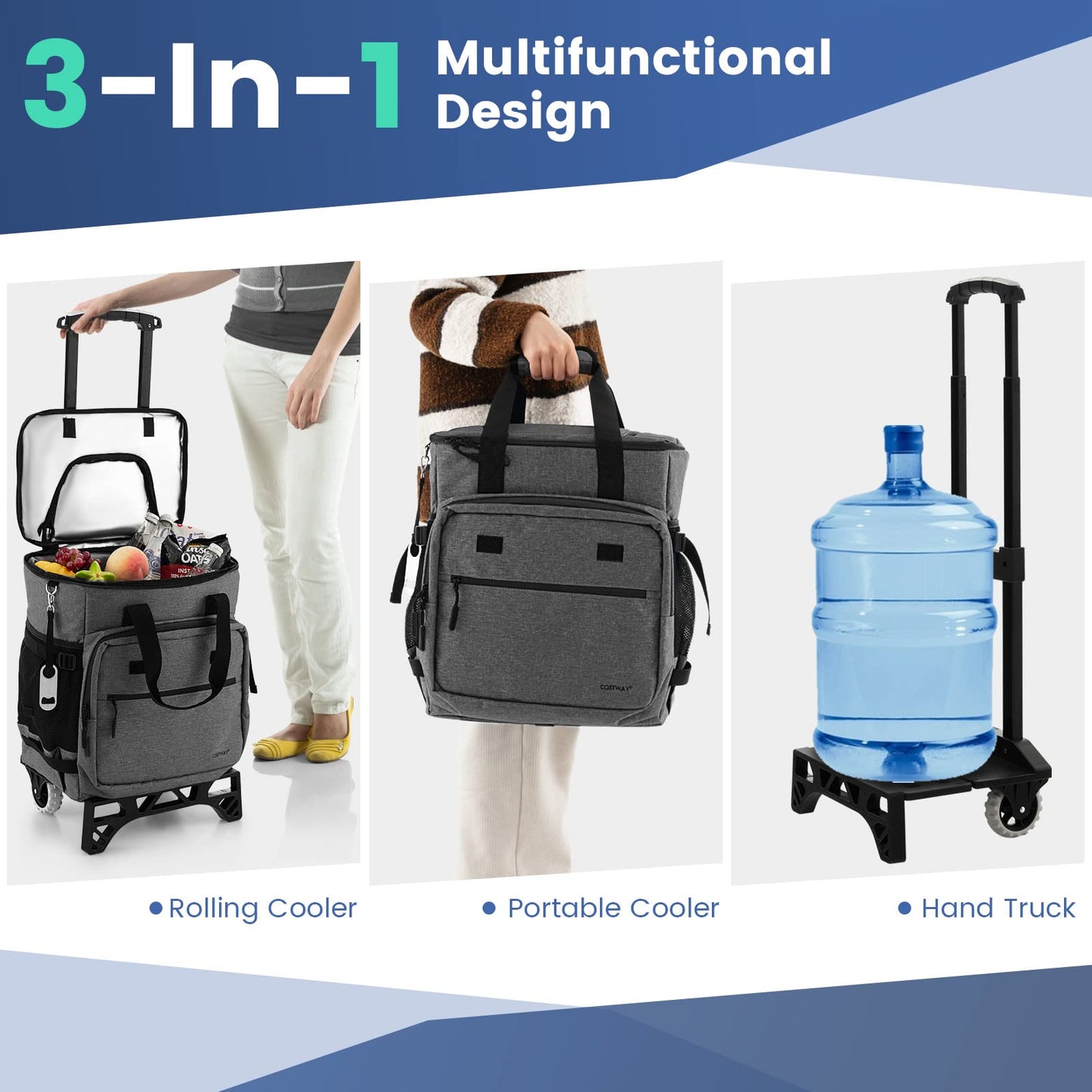 50-Can Large Rolling Cooler with Adjustable Handle and Bottom Plate