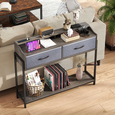 Console Table with Charging Station 110cm Entryway Table with 2 Drawers