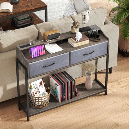 Console Table with Charging Station 110cm Entryway Table with 2 Drawers