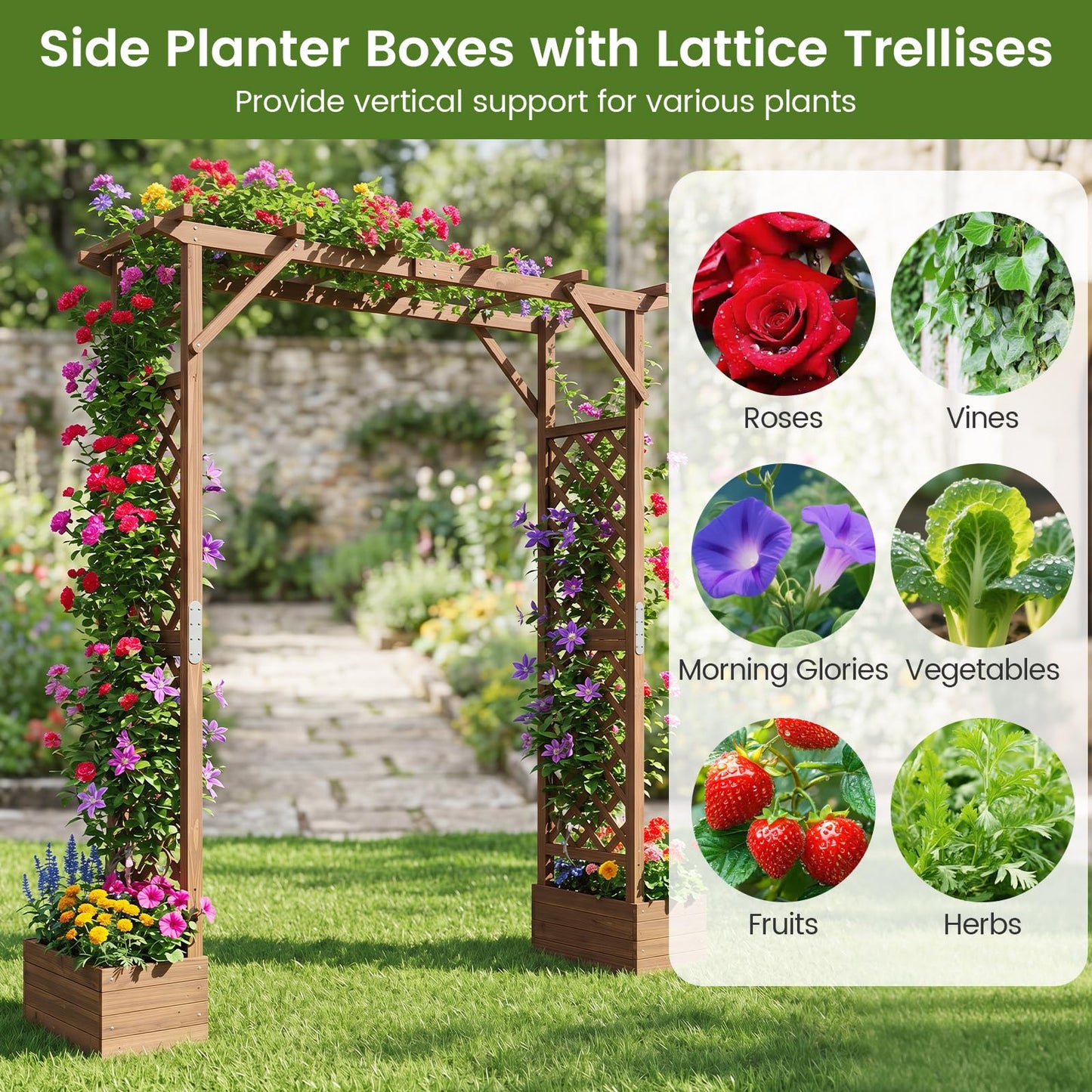 220cm Wooden Garden Arch with Planter Boxes & Hanging Roof