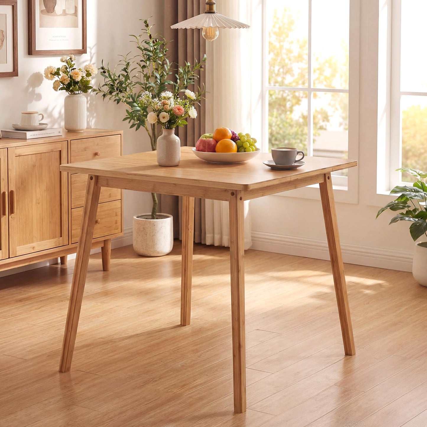 Dining Table for 2-4, Bamboo Square Kitchen Table with Anti-slip Footpads
