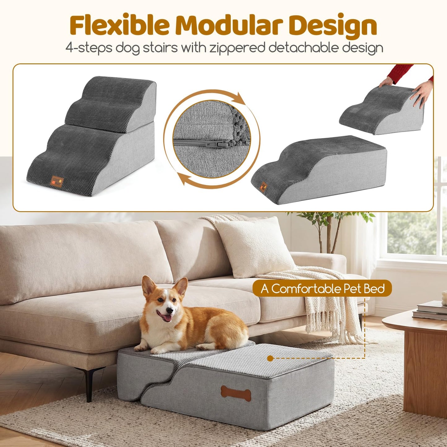 Dog Steps for Bed, 4/5-Step Modular Dog Stairs with Non-slip Bottom