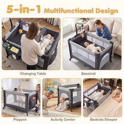 5 in 1 Baby Travel Cot, Portable Baby Crib Bassinet