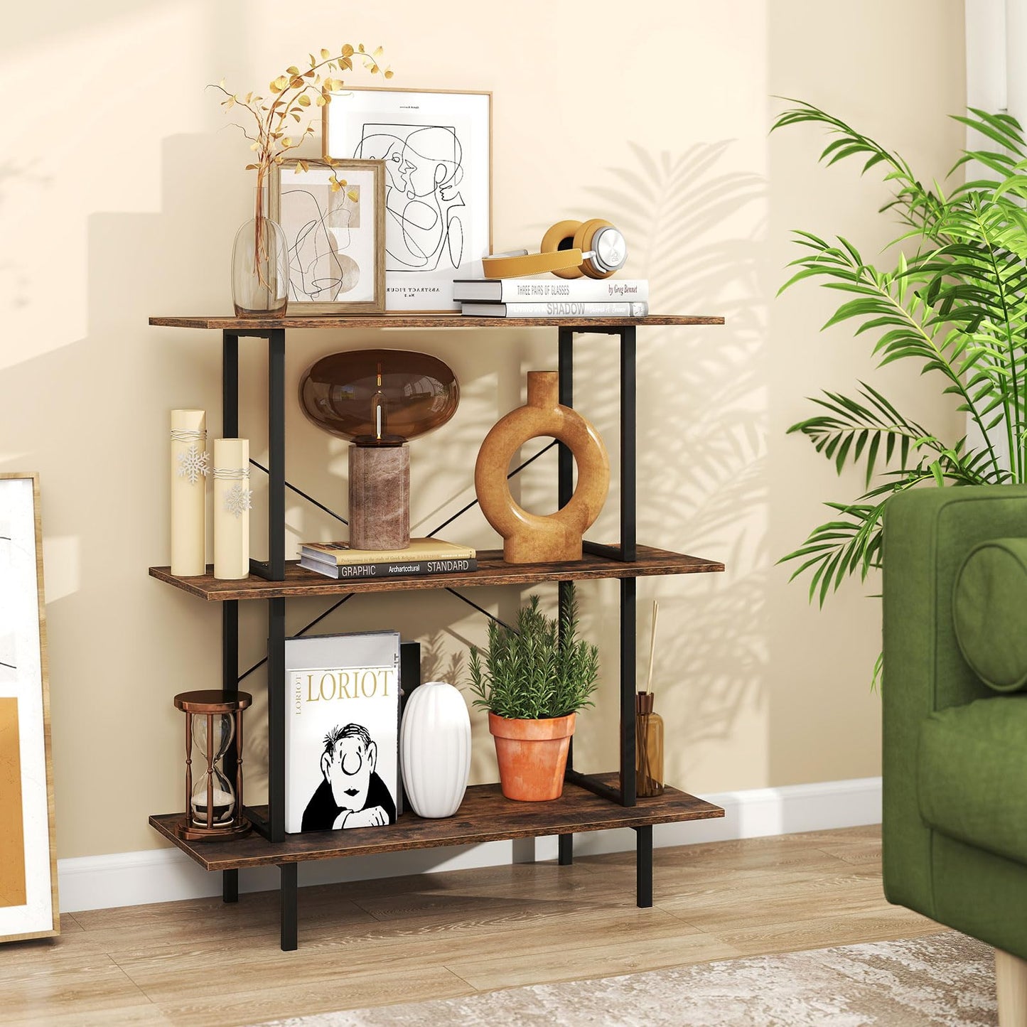 3-Tier Industrial Bookshelf with Open Shelves and Metal Frame for Living Room Study