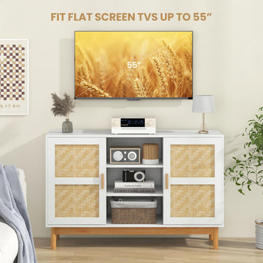 120 CM Sideboard Buffet Cabinet with 2 Bamboo Woven Doors and 3 Open Shelves