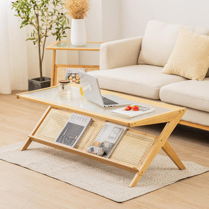 Tempered Glass Cocktail Tea Center Table with Rattan Magazine Storage Shelf