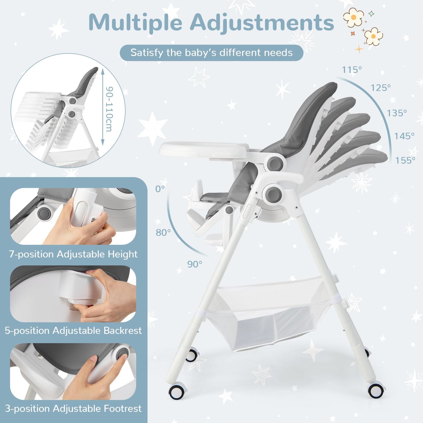 Adjustable Toddlers Highchair with Storage Basket