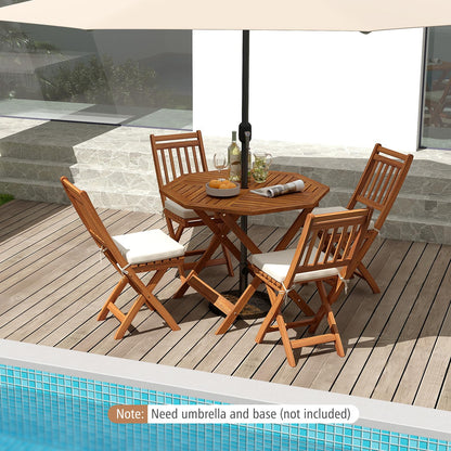 90cm Outdoor Dining Table, Solid Wood Garden Table with Umbrella Hole