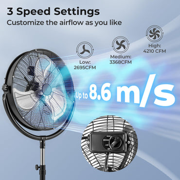 Height & 360° Tilt Adjustable Standing Floor Fan with 3 Speeds & Aluminum Blades