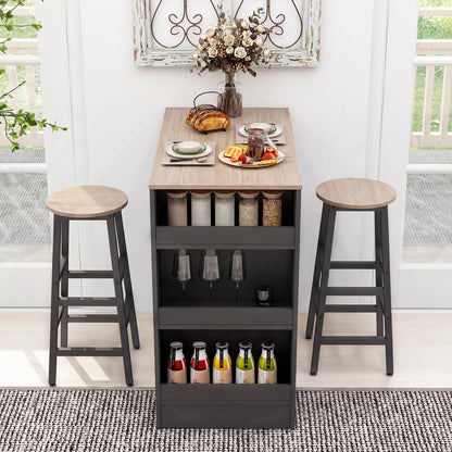 3 Piece Bar Table Set, Dining Table and 2 Stools with 3-Tier Side Shelves & Footrest