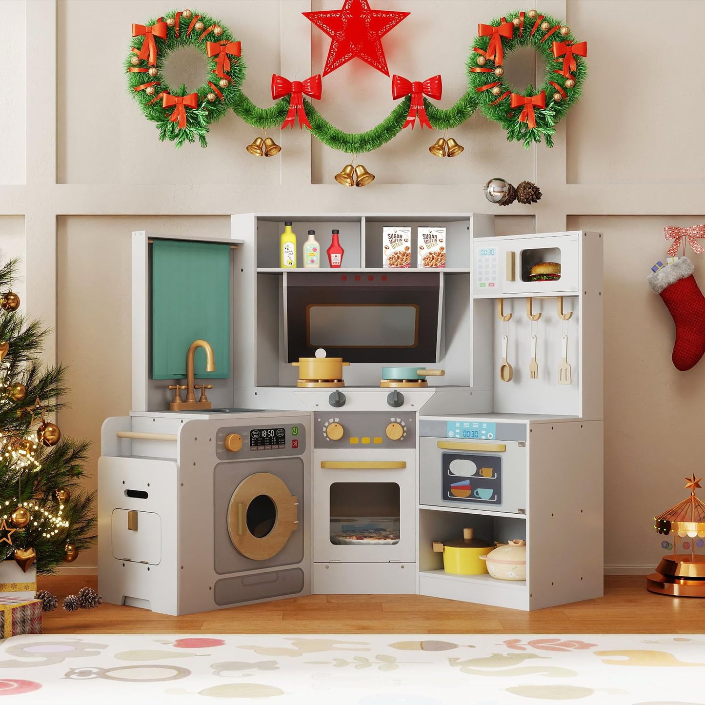 Corner Kitchen Playset with Pull-out Trash Can