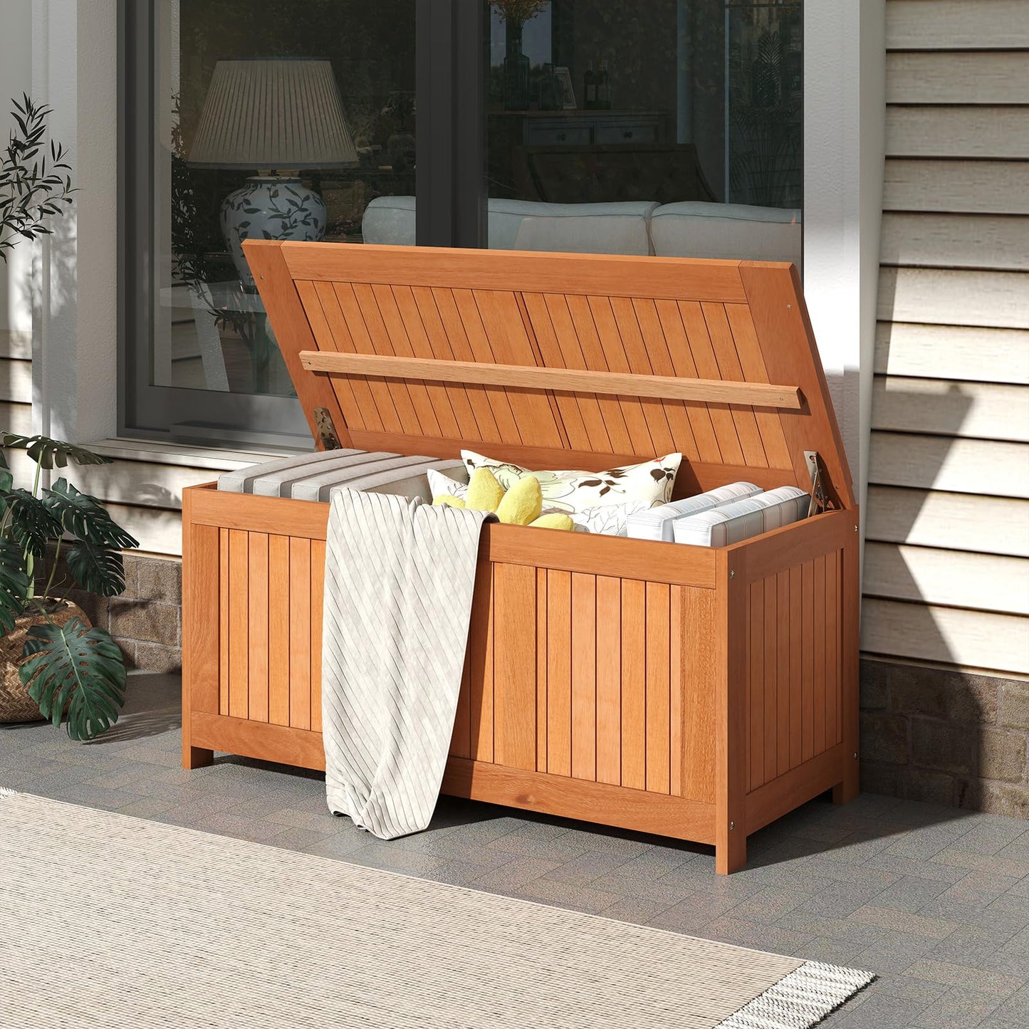 220L Wood Deck Box 3-in-1 Patio Storage Bench Stool with Flip Top for Cushions