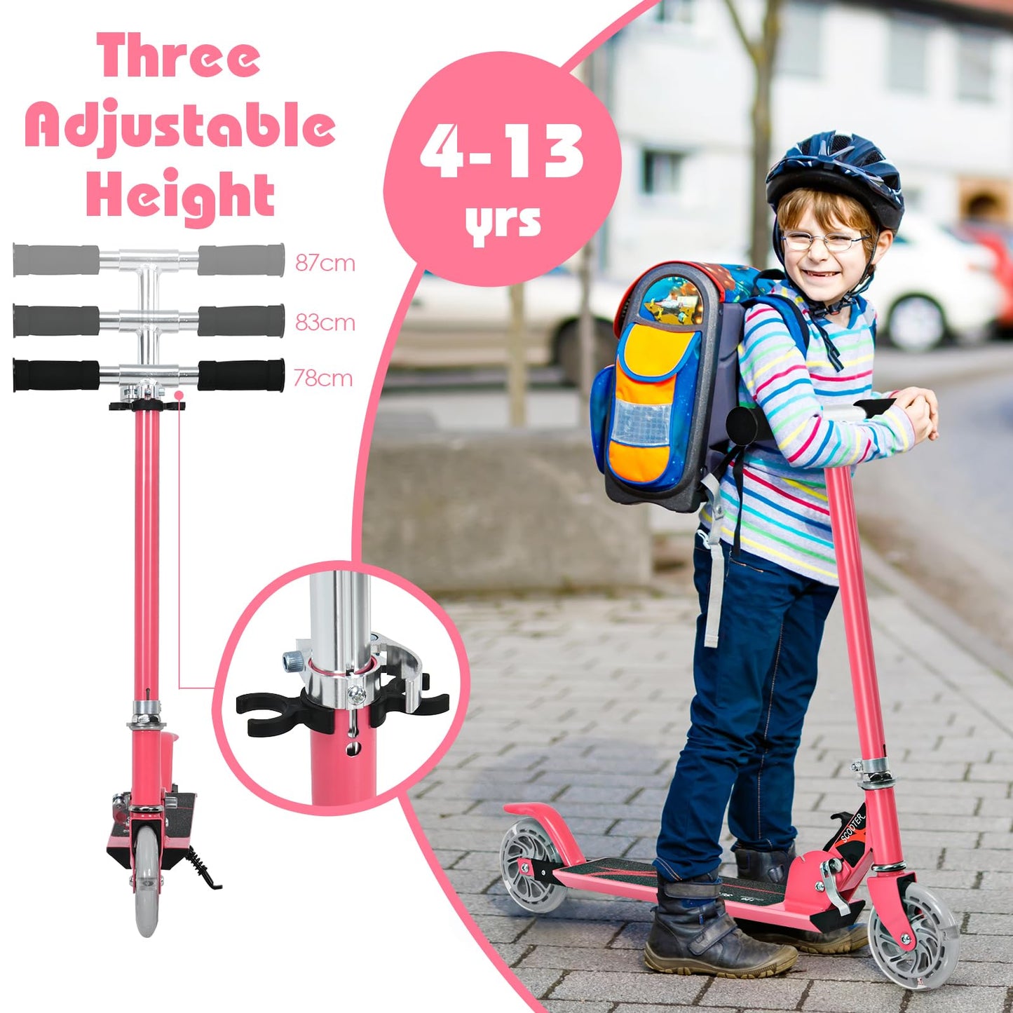 Kids Kick Scooter, Light Up LED 2 Wheeled Scooters for Ages 4 to 13 Children Girls Boys