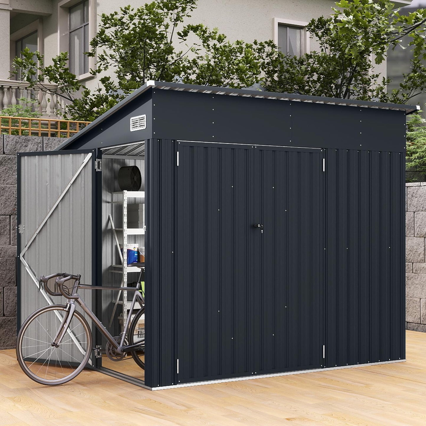 Triple Door Storage Shed with Galvanized Steel Tool and Bike Storage
