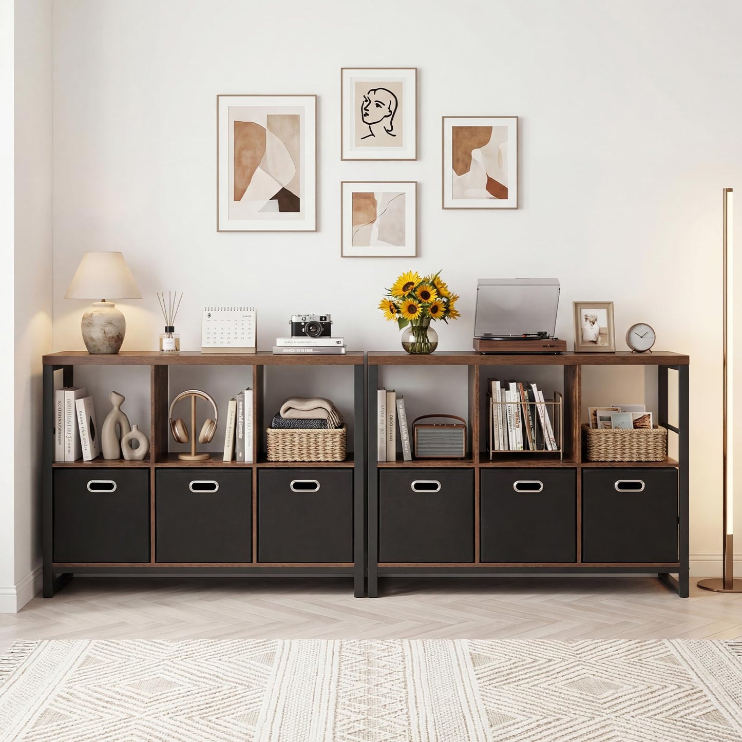 6 Cube Storage Organizer with 3 Storage Bins Sturdy Metal Frame and 3 Open Shelves