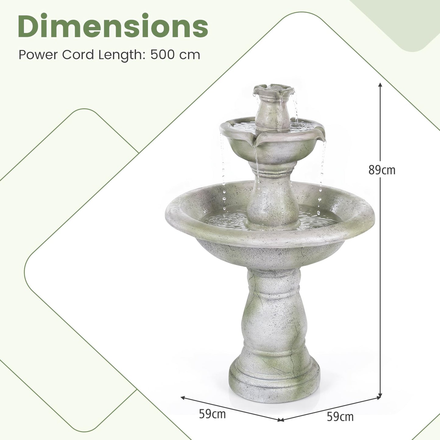 3-Tier Outdoor Water Fountain, 89cm Self-Contained Cascading Water Feature