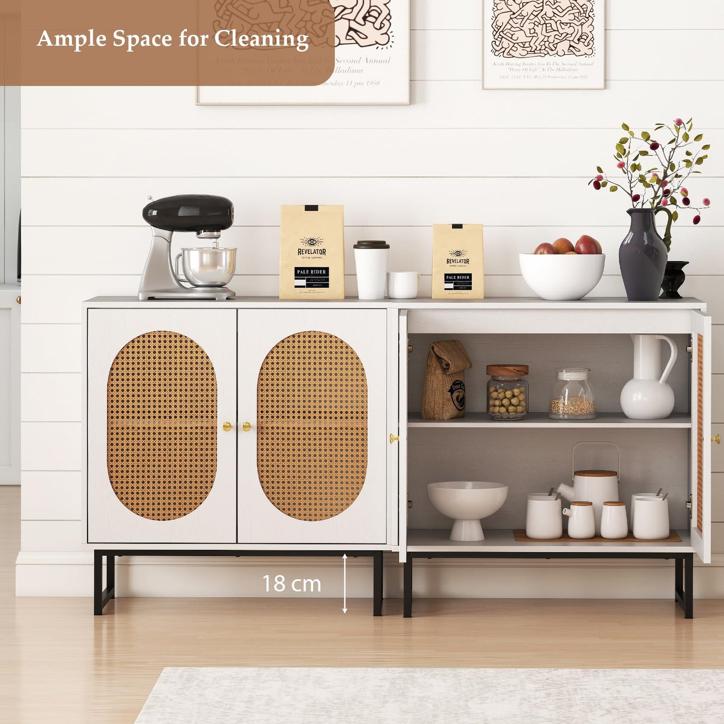 Kitchen Buffet Sideboard, Wooden Storage Cabinet with 2 PE Rattan Doors